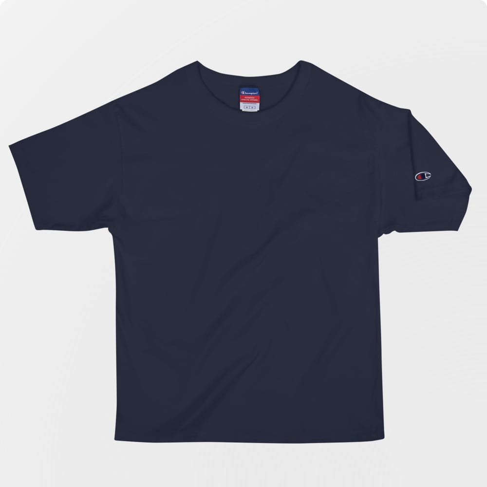 Champion classic t-shirt wrinkled flat lay, branded corporate tee for promotional business use