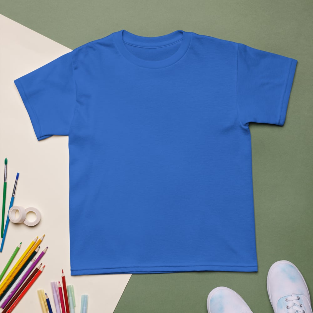 Youth sports t-shirt flat lay styled with art supplies, branded kids promotional apparel