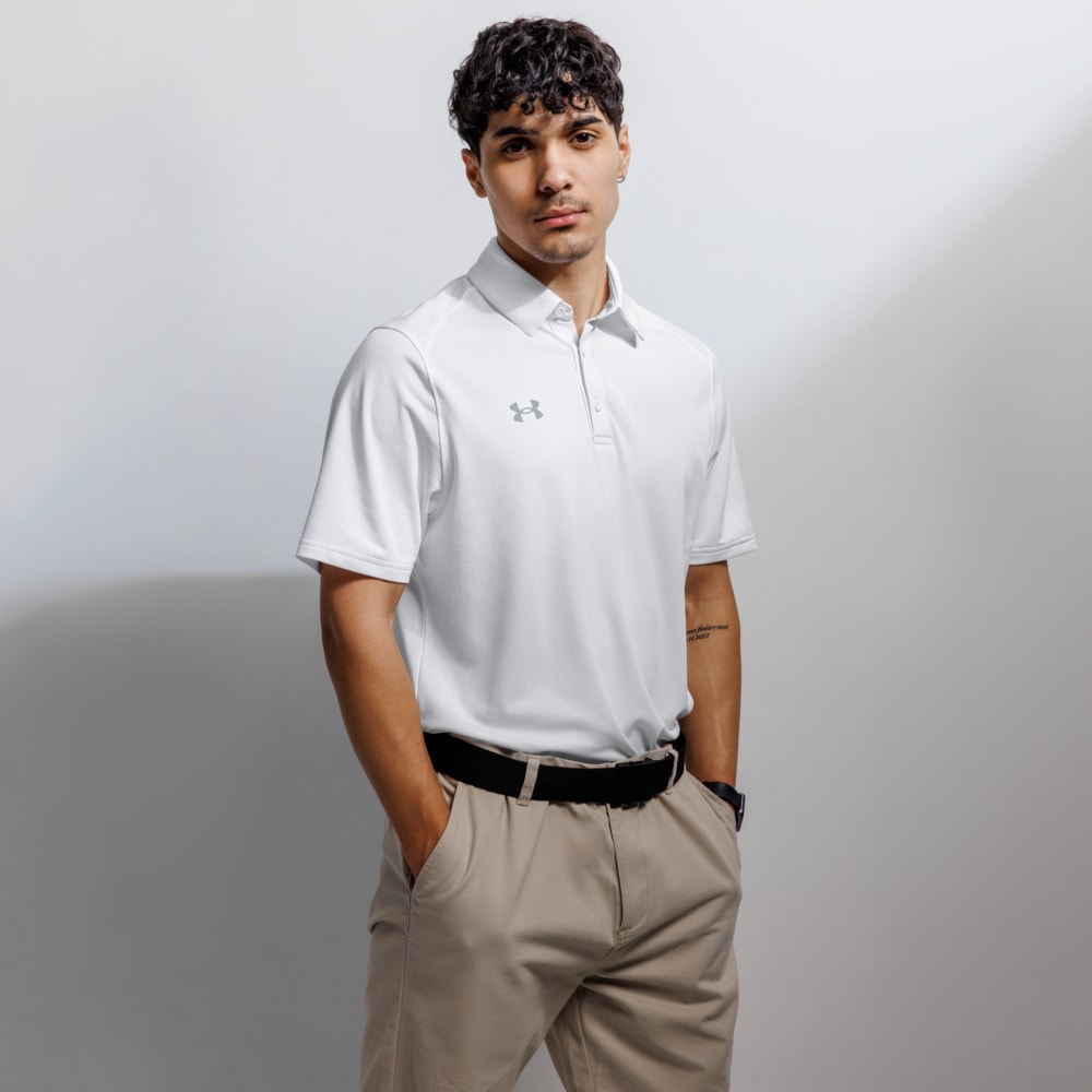 White Under Armour performance polo shirt with branded logo on chest, mens performance polo shirts