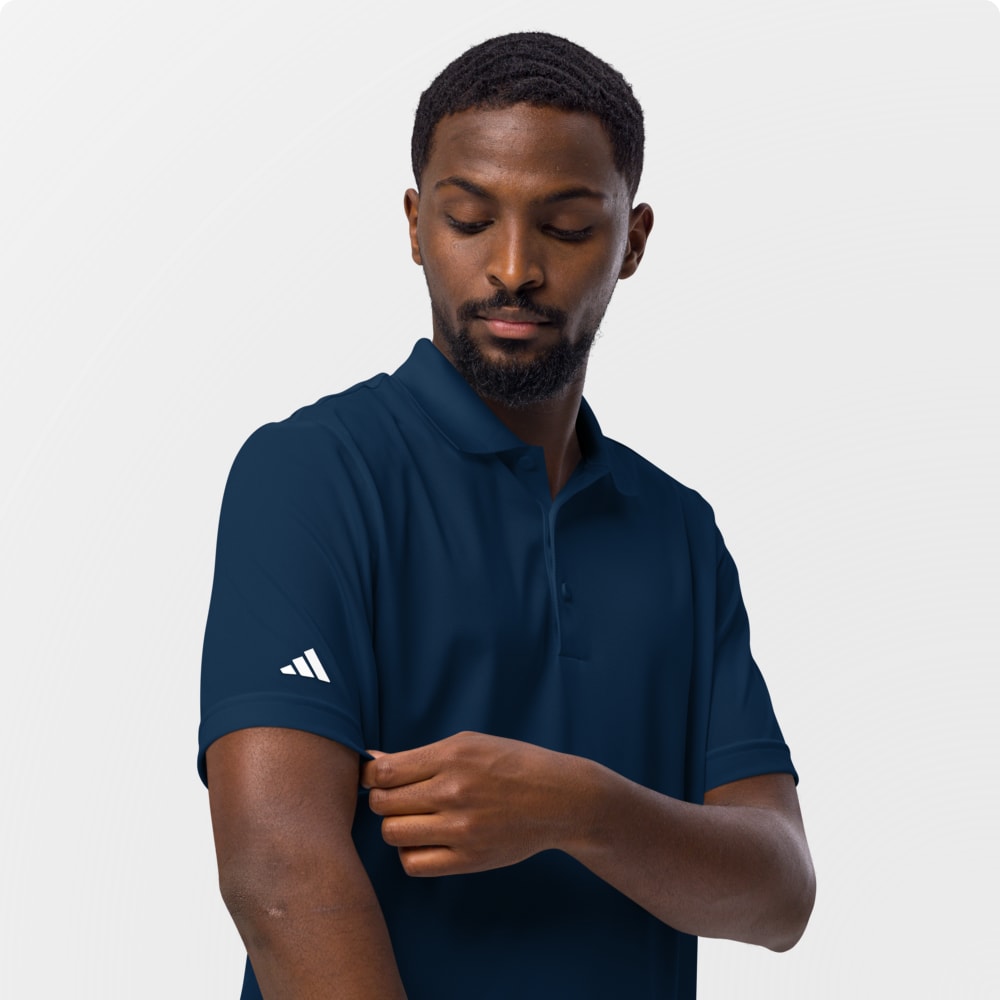 White Adidas sport polo shirt on a man with a branded logo, adidas sport polo shirts for teams