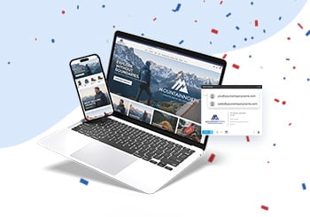 Laptop and device screens showing a branded website and logo, highlighting FreeLogoServices' Brand Builder Plus free trial deal