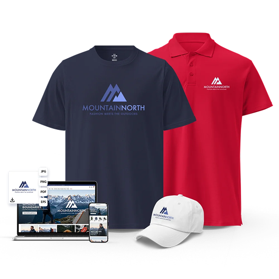 Branded apparel including polo shirts and a cap alongside a business logo mockup, featured in FreeLogoServices' Red, White & Blue deals promotion