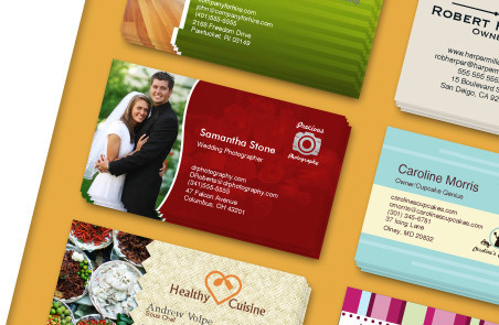 Display of sample business card designs that can be designed using our design tool