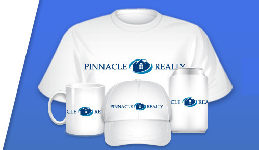 Display of promotional products that we offer customized with logo designs made using our logo maker tool tshirt mug hat cup koozie