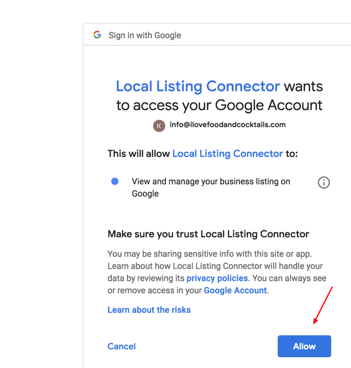 Display of Google Requesting Access to your online business listing information