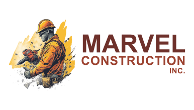 AI logo generator design of a builder with a tool for Marvel Construction.