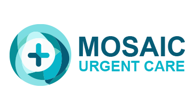 AI logo generator design of a blue cross with curved waves for Mosaic Urgent Care.