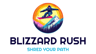 AI logo generator design of a snowboarder soaring over a snowy peak for Blizzard Rush.