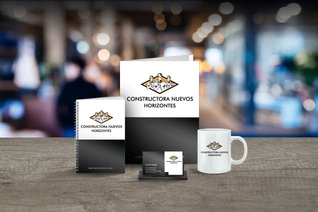 Diseño de logotipo presentado en productos promocionales.