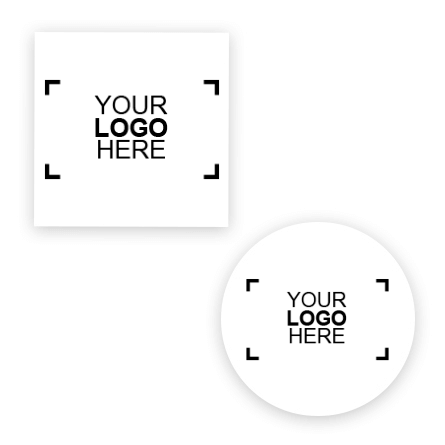 Sample circle and square shape sticker with a logo In the center