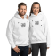 Male and female models wearing personalized hoodie pullover with logo design