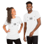 Man and woman modeling tri blend shirts with logo design sample on the front